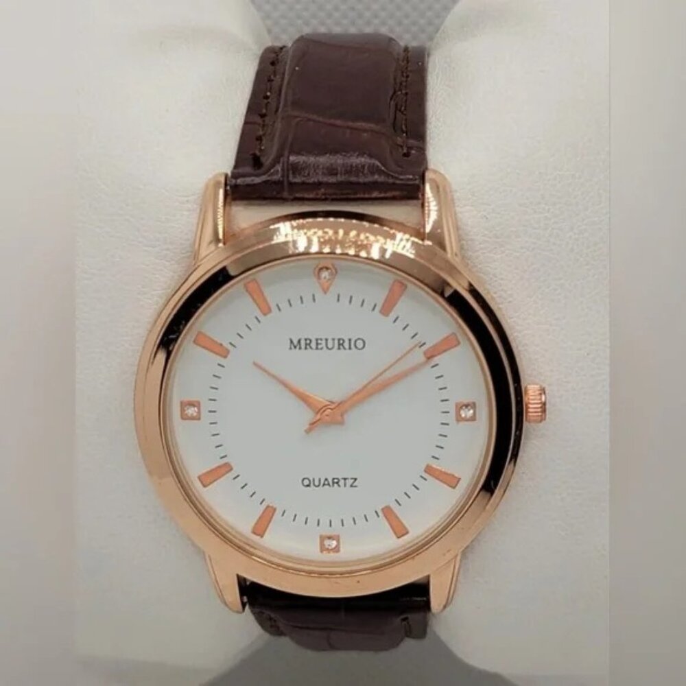 Mens Mreurio Round Rose Gold Tone Brown Leather Band Analog Watch EET8599G-RG